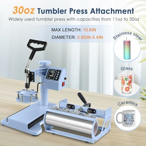 30oz tumbler press attachment for various materials.