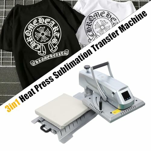 T-shirts with designs and a 3-in-1 heat press sublimation transfer machine.