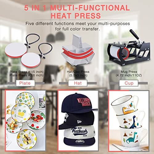 5 in 1 multifunctional heat press for plates, hats, and cups.