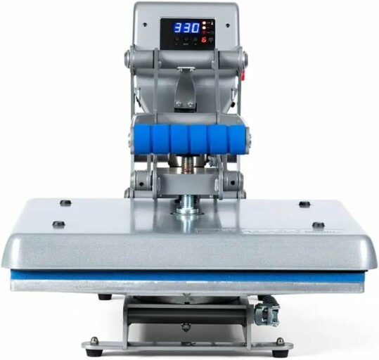 Stahls' Hotronix Auto Clam Heat Press with a large digital display and a blue handle.