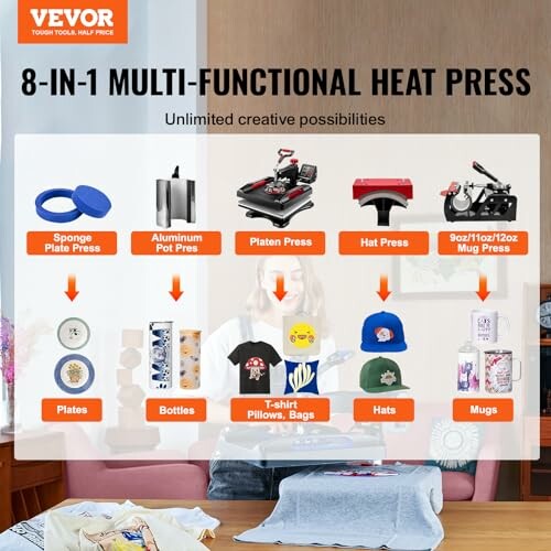 8-in-1 multi-functional heat press with various attachments for plates, bottles, t-shirts, hats, and mugs.