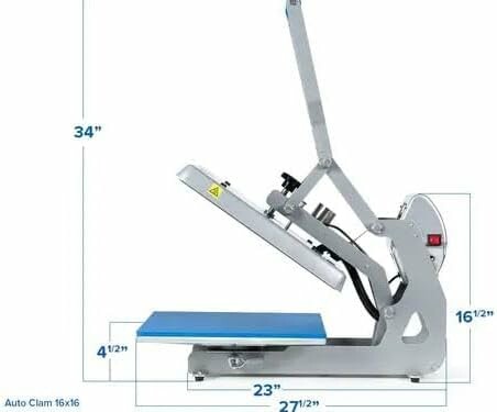 Automatic heat press machine with dimensions labeled.