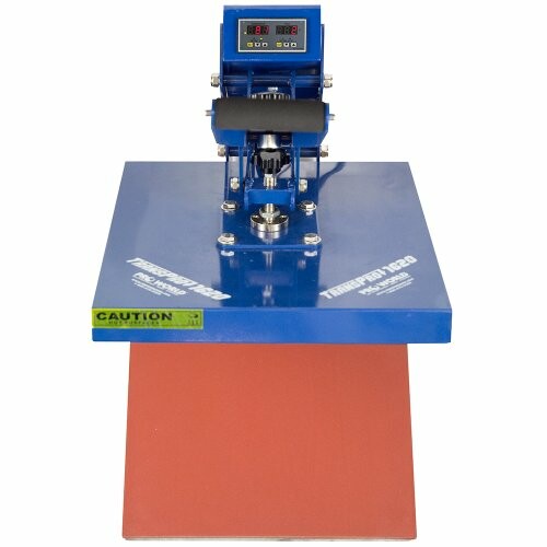 Blue heat press machine with digital display and caution label