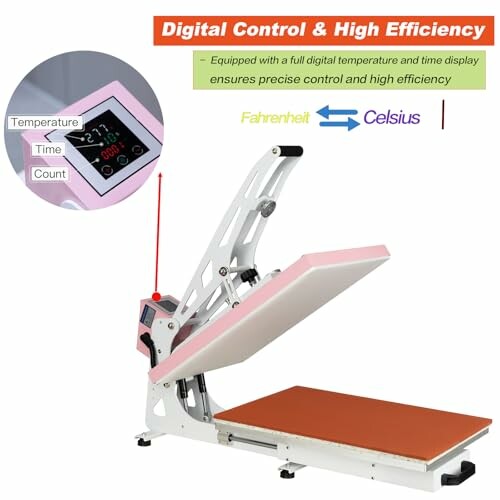 Digital heat press machine with control display for temperature and time.