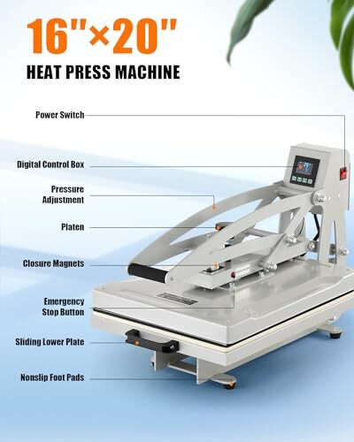 16x20 heat press machine with labeled parts and features