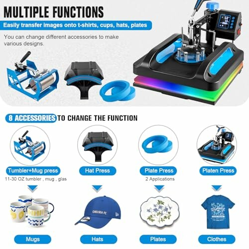 Heat press machine with multiple accessories for t-shirts, cups, hats, and plates.