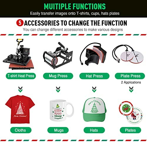 Various Heat Press Machine Accessories Including T-Shirt, Mug, Hat, and Plate Presses with Examples