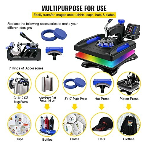 Multipurpose heat press machine with accessories for t-shirts, cups, hats, and plates.