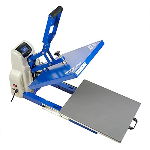 Blue heat press machine with digital display and clamshell design.