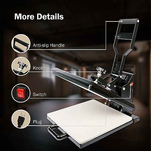 Heat press machine with labeled parts: anti-slip handle, knob, switch, and plug.