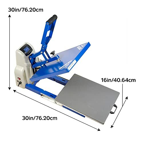 Blue heat press machine with dimensions labeled in inches and centimeters.