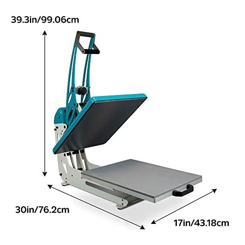 Heat press machine with dimensions labeled.