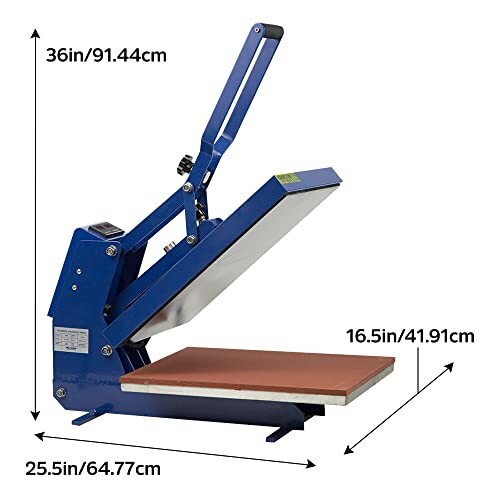 Blue heat press machine with dimensions labeled