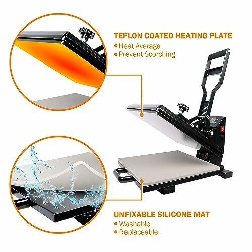 Heat press machine with teflon heating plate and silicone mat features.