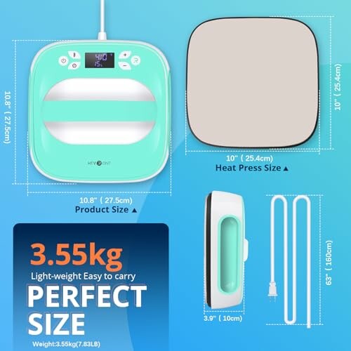 Heat press machine with dimensions and features displayed.