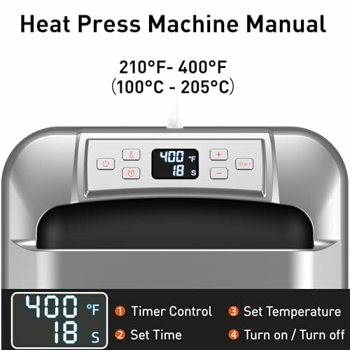 Heat press machine manual with temperature and timer settings.