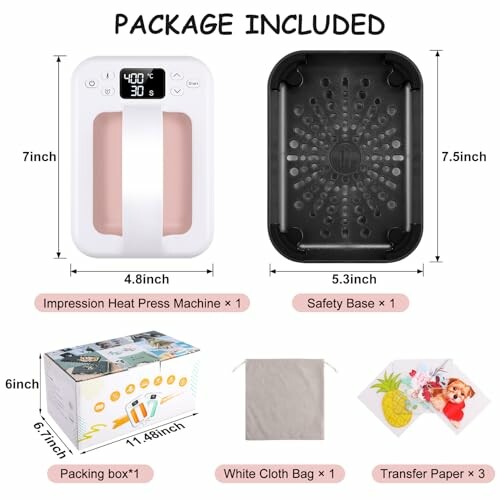 Package includes heat press machine, safety base, packing box, white cloth bag, and transfer paper.