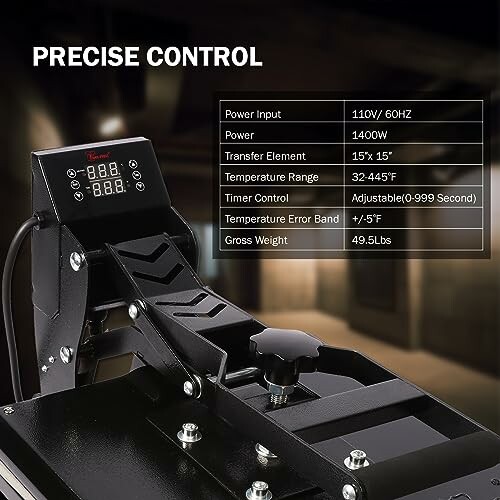 Heat press machine with precise control and specifications displayed.