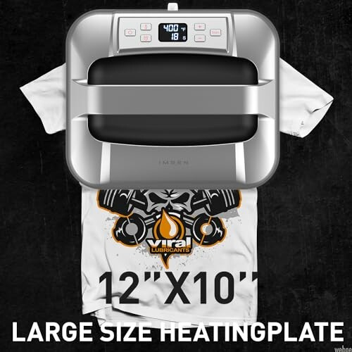 Heat press machine with large heating plate on a T-shirt.