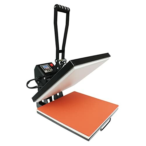 Open heat press machine with black handle and orange base.