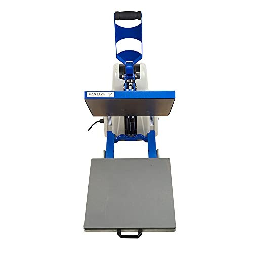 Heat press machine with blue and gray components and digital display.