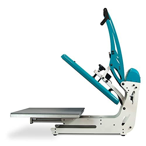 Side view of a heat press machine with blue and white parts.