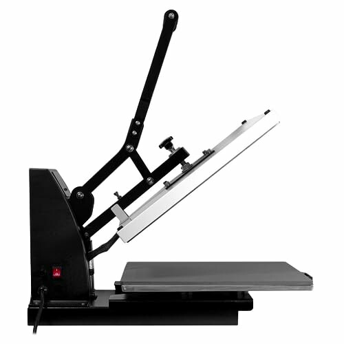 Side view of a heat press machine with an open platen.