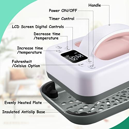 Diagram of a heat press machine with labeled parts and features.