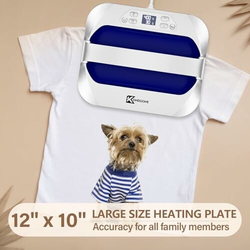 Heat press machine on a t-shirt with a dog print.