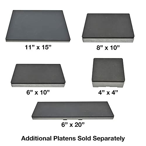 Various sizes of heat press platens displayed with dimensions.