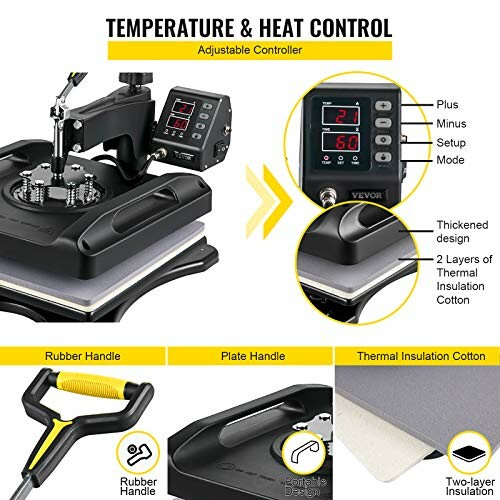 Heat press machine with adjustable temperature and heat control features.