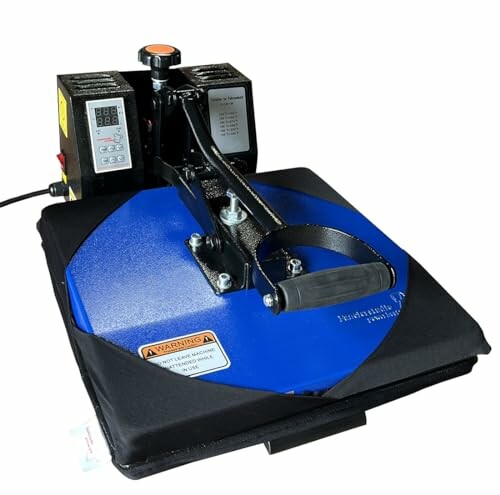 Industrial heat press machine with blue platform and digital controls