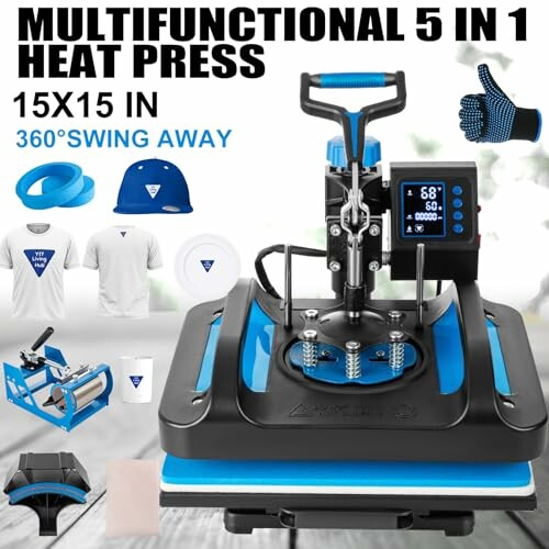 5-in-1 heat press machine with accessories for shirts, mugs, and hats.