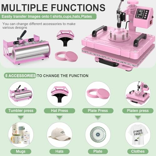 Multifunctional heat press machine with accessories for various designs.