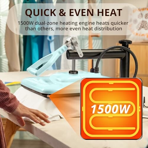 1500W dual-zone heating iron for even heat distribution.