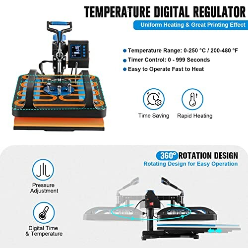 Digital heat press machine with temperature regulator and 360-degree rotation design.